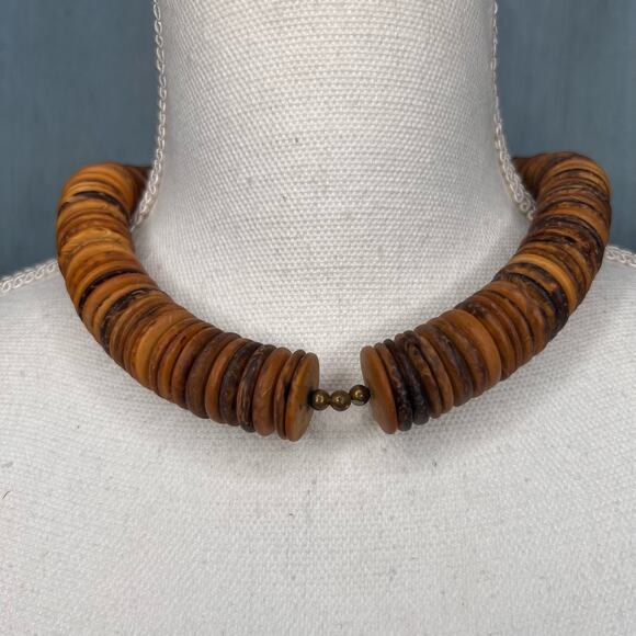 Large Wooden Disc Choker Necklace with Brass Spacers Variegated Browns Boho - Picture 1 of 10